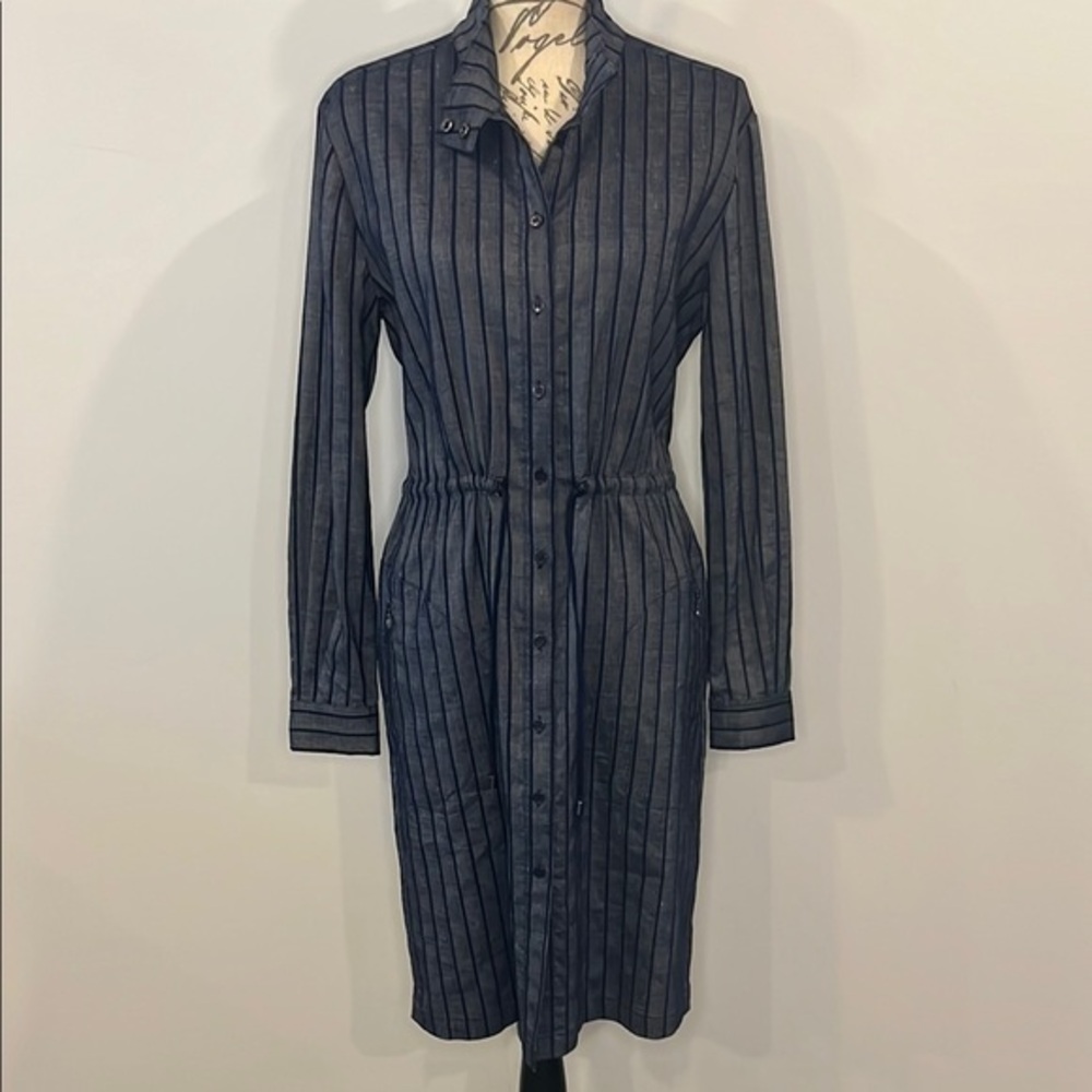 NWOT Etcetera flax linen blend stretch shirt dress navy blue 4